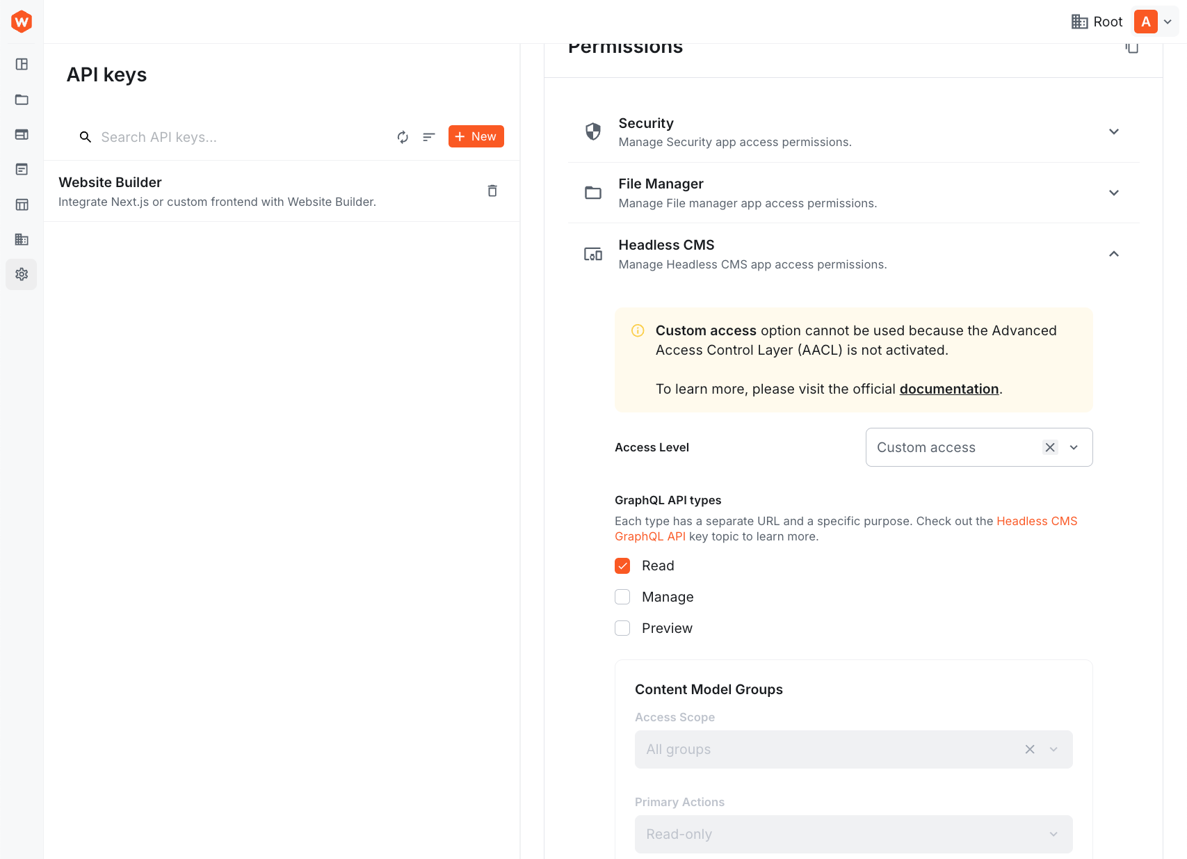 API key permissions configuration showing Headless CMS section with Read API enabled