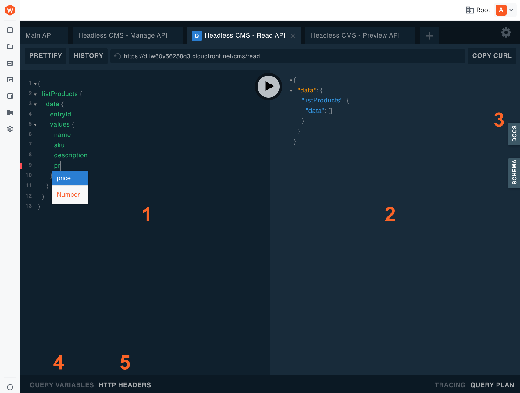 API Playground interface showing all five numbered areas: Query Editor, Response Panel, DOCS button, Query Variables, and HTTP Headers