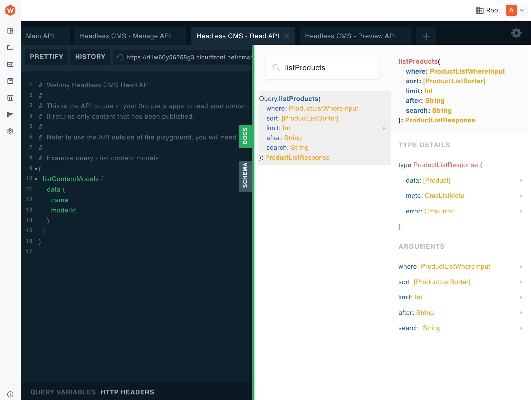 Documentation Explorer showing listProducts query details with type information and arguments