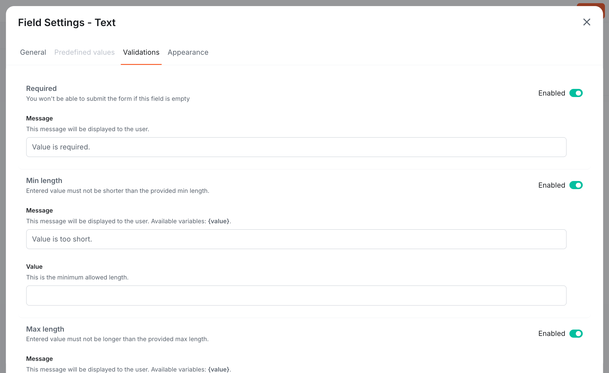 Field settings - Validations tab
