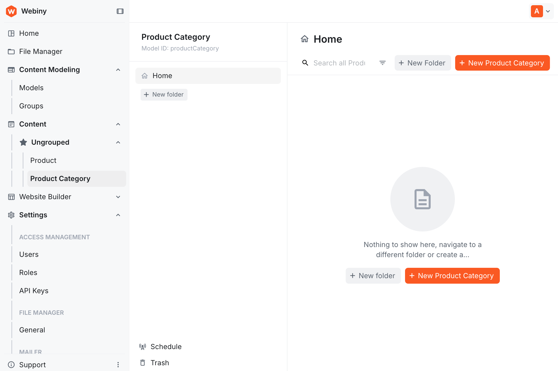 Product Category model in the Content section