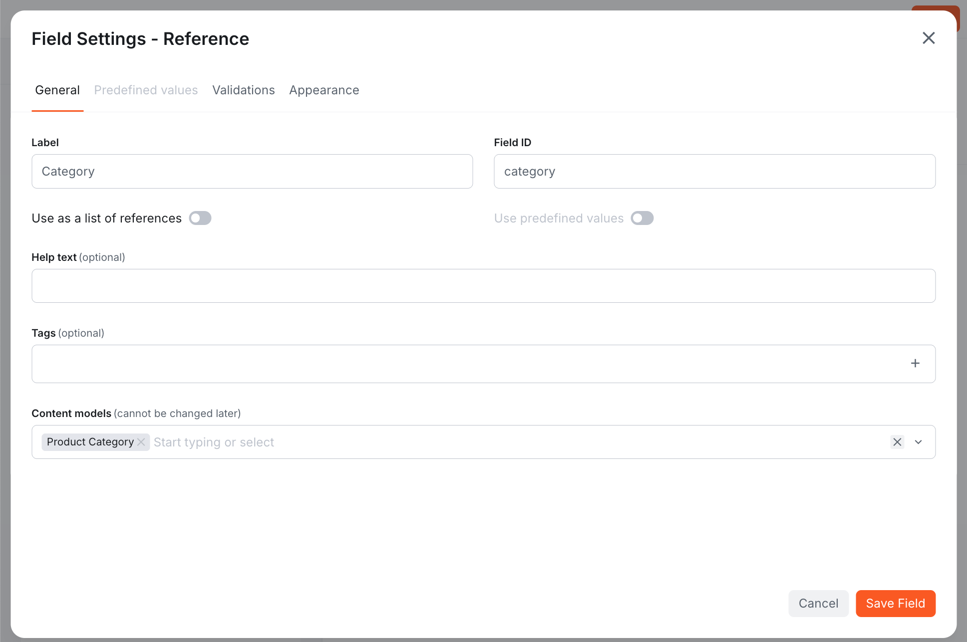 Reference field settings for Category